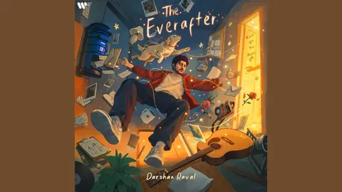 The Everafter cover art: Darshan Raval falling through a room with a guitar, a dog, letters and photographs
