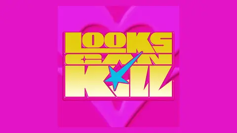 IVE Looks Can Kill single art, yellow block letters and a blue star over a pink heart on a bright pink panel