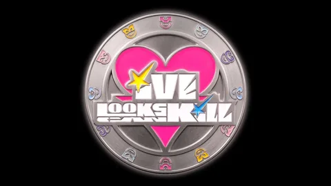 IVE Looks Can Kill mini album cover: a silver medallion with a pink heart, the IVE logo and two stars on black