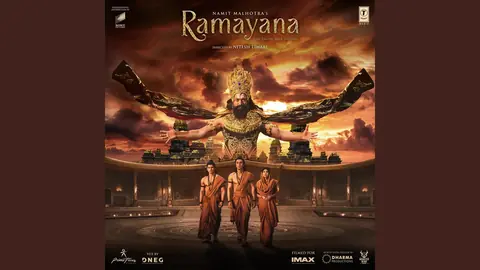 Ramayana album cover: a crowned Ravana with spread arms above three figures walking in saffron robes