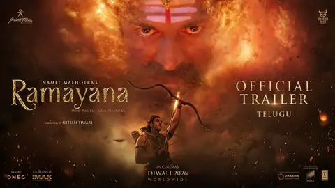 Ramayana Telugu trailer poster: Rama drawing a flaming bow beneath the face of Ravana in fire, Diwali 2026