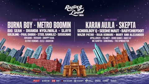 Rolling Loud India 2026 poster naming Burna Boy, Metro Boomin, Karan Aujla and Skepta over a Mumbai skyline