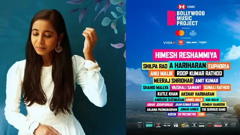 Shilpa Rao in a white dress against a teal backdrop, beside the Bollywood Music Project 10th edition line-up art