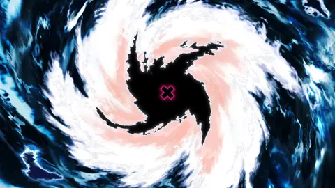 TXT PERFECT STORM album artwork, a blue and pink storm spiral around a black eye with a pink X at its centre
