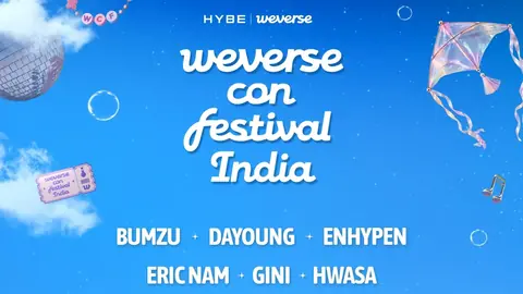 Weverse Con Festival India key art on a blue sky with a kite and disco ball, naming ENHYPEN, Hwasa and Gini