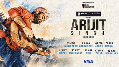 Official poster for the Arijit Singh India Tour 2027, with the singer playing guitar and the tour dates